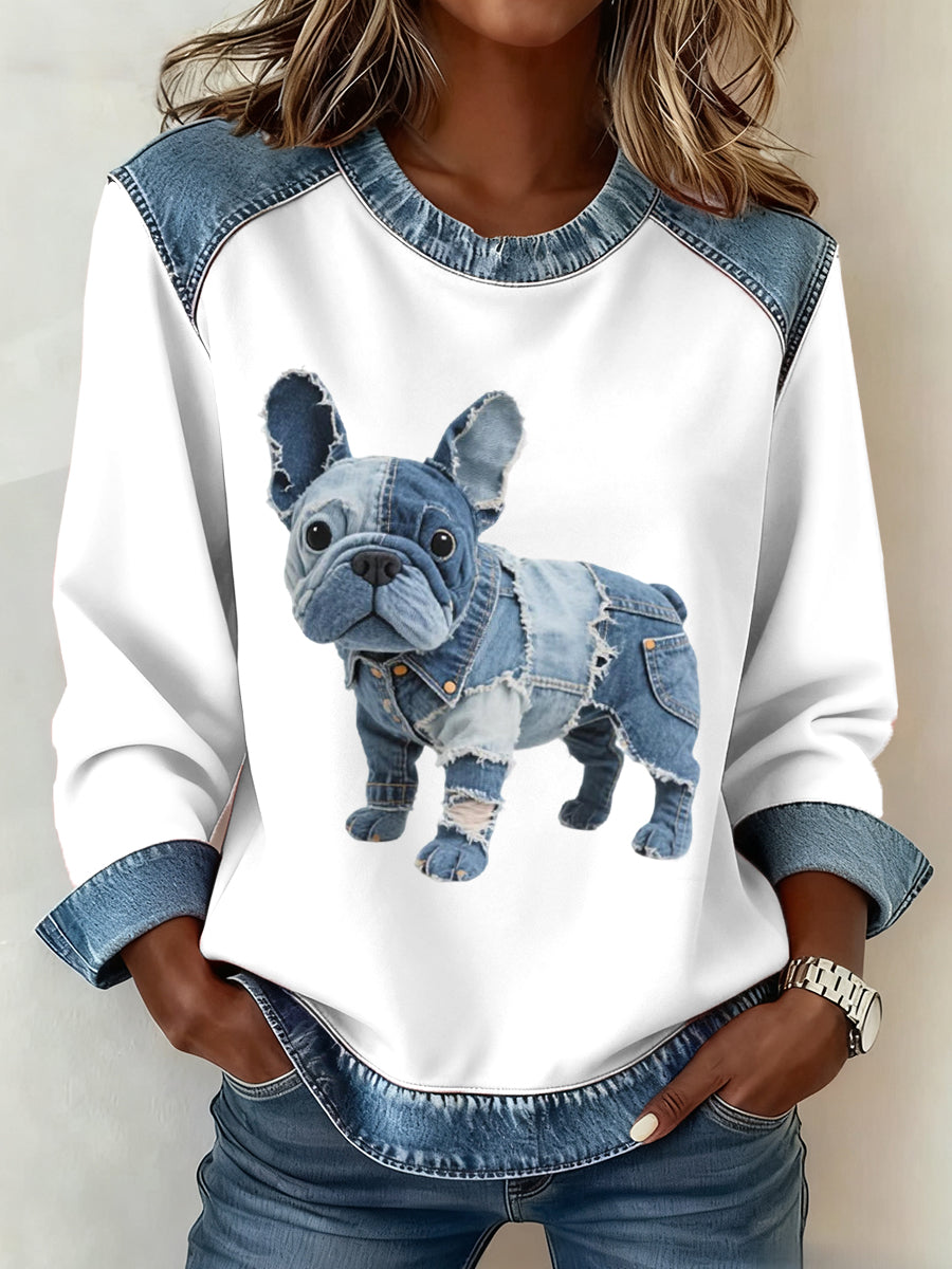 Alma – Women’s French Bulldog Style Sweatshirt with Artistic Denim Patchwork