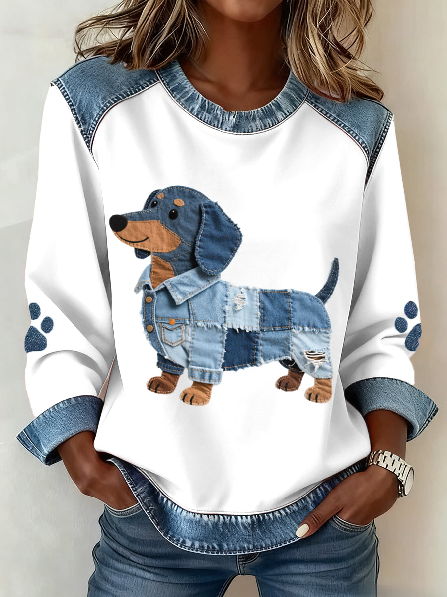 Brisa – Women’s Artistic Patchwork Sweatshirt with Dachshund Pattern