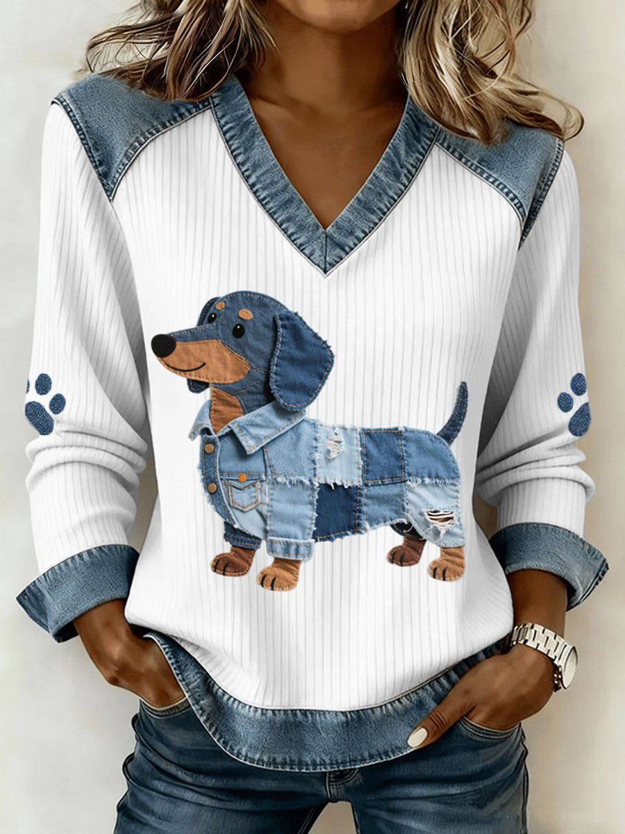 Sombra – Enchanting Women’s Artistic Denim Patchwork Top with V-Neck