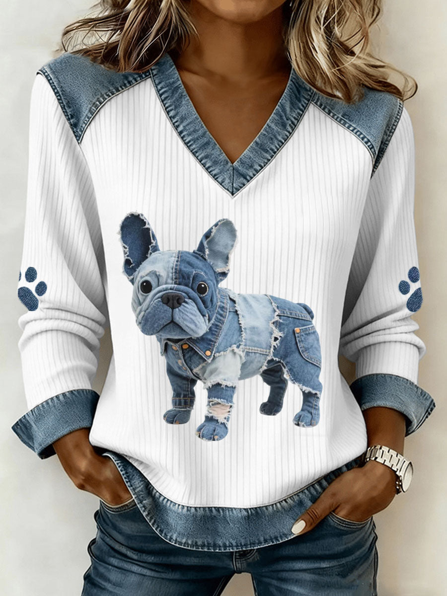 Abril – Women’s Artistic V-Neck Top with Denim Patchwork Print