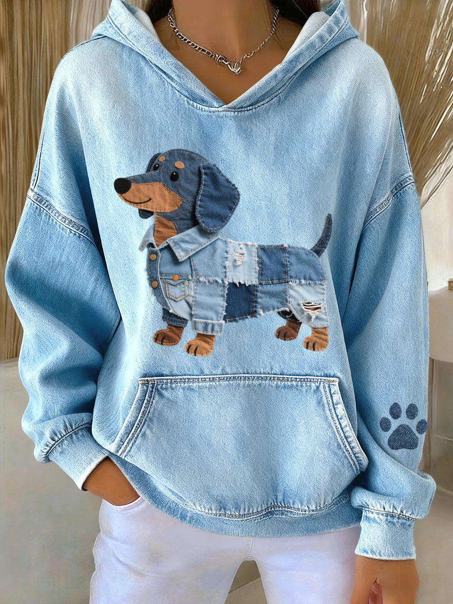 Azucena – Women’s Dachshund Denim-Style Patchwork Hoodie