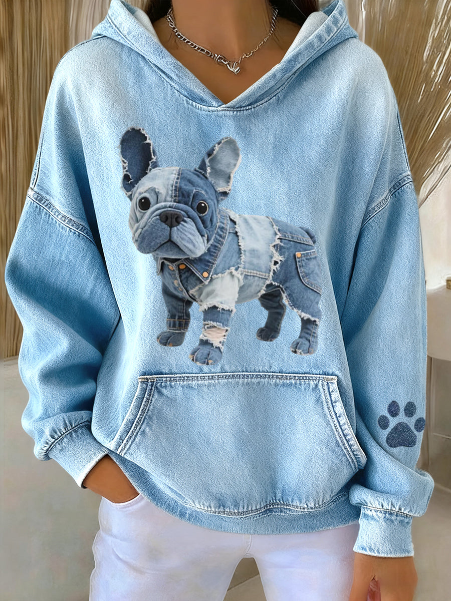 Blanca – Women’s Striped Hoodie with French Bulldog Motif & Denim Patchwork