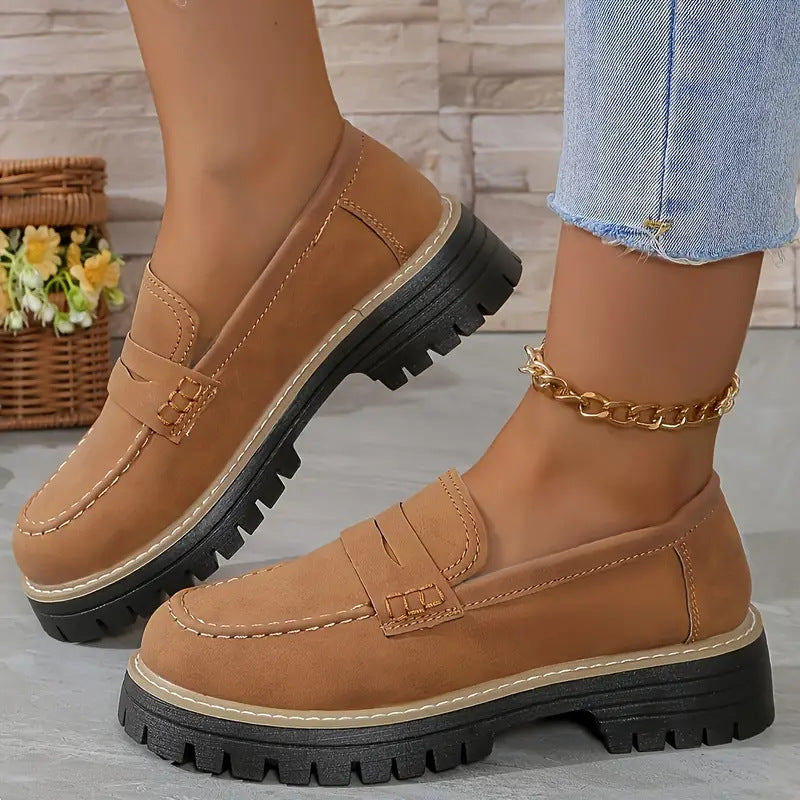 Women's Casual Retro Suede Loafers with Chunky Heel Platform