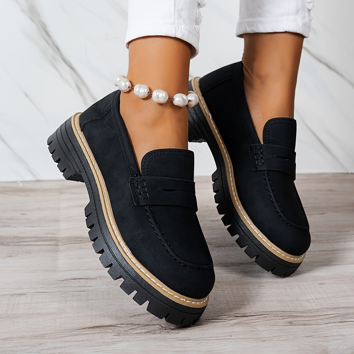 Women's Casual Retro Suede Loafers with Chunky Heel Platform