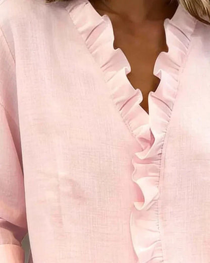 Yvonne | Blouse with Ruffles, V-Neck and Long Sleeves