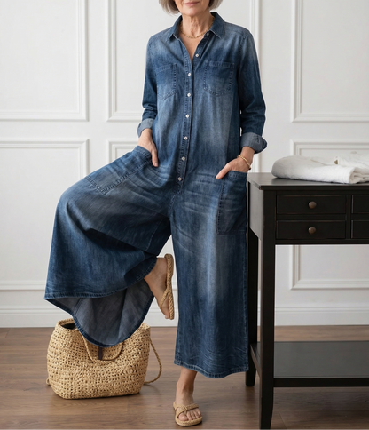 June - Vintage Washed Soft Cotton Denim Jumpsuit with Button Closure