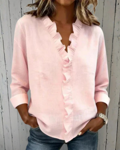 Yvonne | Blouse with Ruffles, V-Neck and Long Sleeves