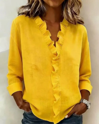 Indie | Blouse with Ruffles, V-Neck and Long Sleeves