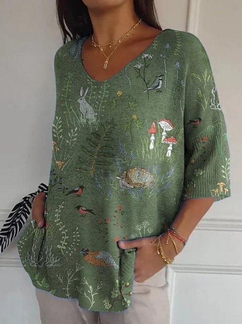 Woodland And Animals Repeat Pattern Printed Women's Casual Pullover Knit
