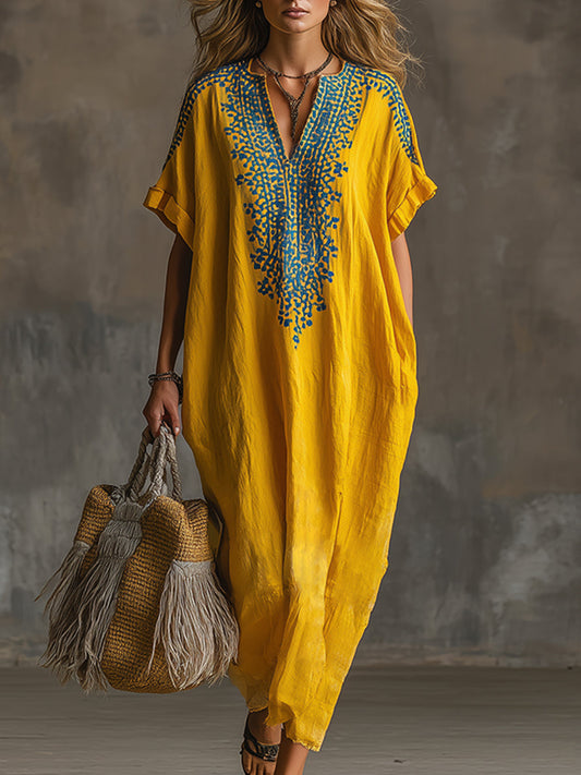 Elegant And Exquisite Embroidered Yellow Cotton And Linen Short-sleeved Maxi Dress