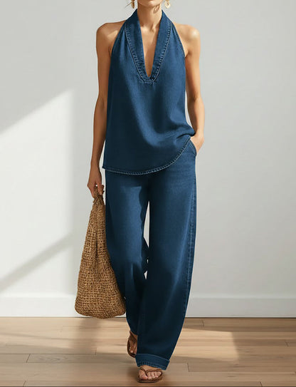 June - Vintage Washed Soft Denim-Look Two-Piece Set