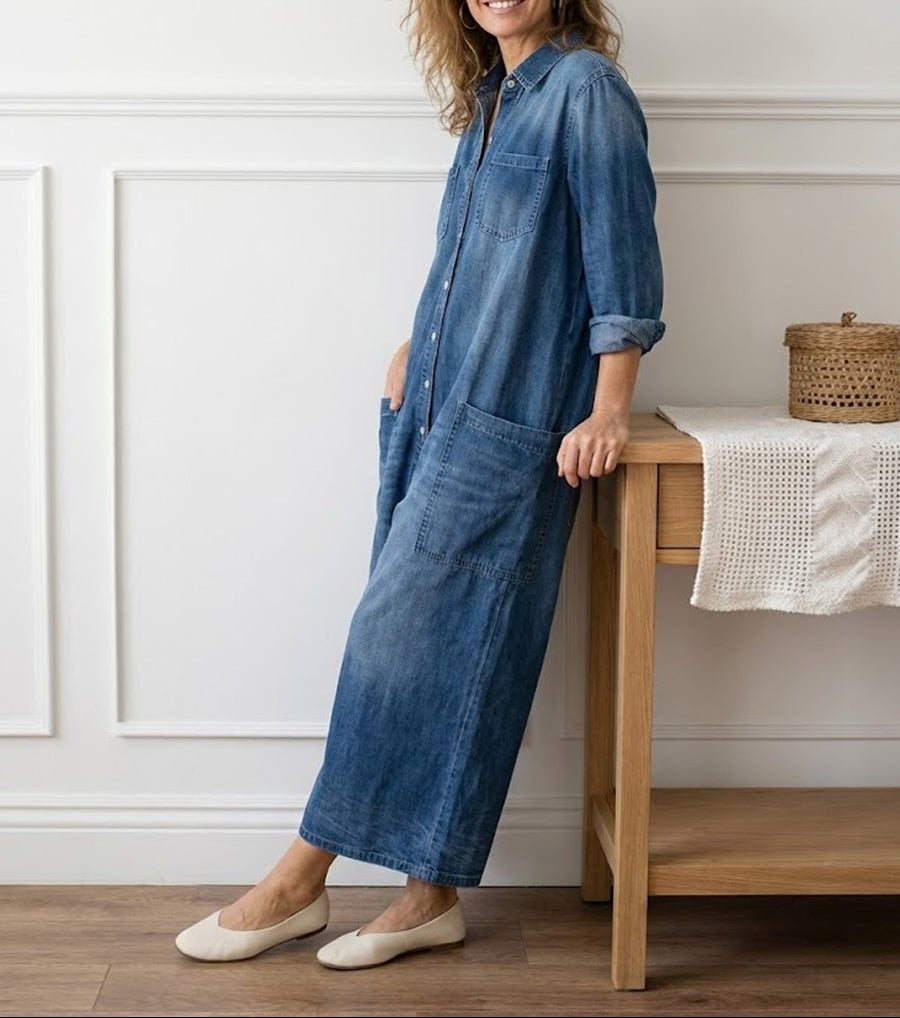 June - Vintage Washed Soft Cotton Denim Jumpsuit with Button Closure