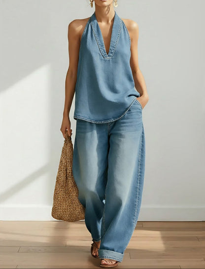 June - Vintage Washed Soft Denim-Look Two-Piece Set