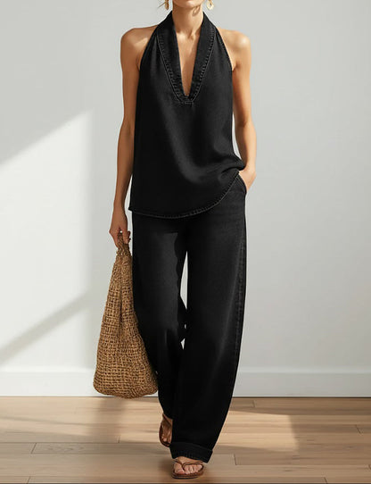 June - Vintage Washed Soft Denim-Look Two-Piece Set