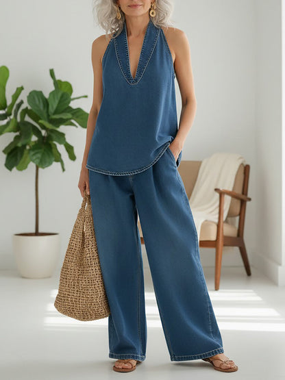June - Vintage Washed Soft Denim-Look Two-Piece Set