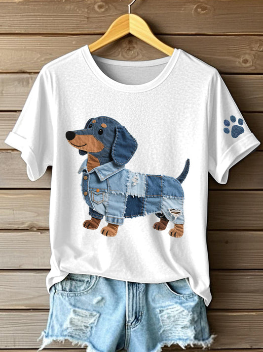 Ciela – Women’s Patchwork Art Denim T-shirt with Dachshund Pattern