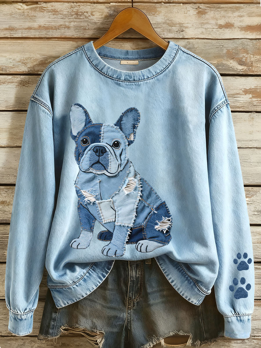 Nina – Women’s French Bulldog Style Sweatshirt with Artistic Denim Patchwork
