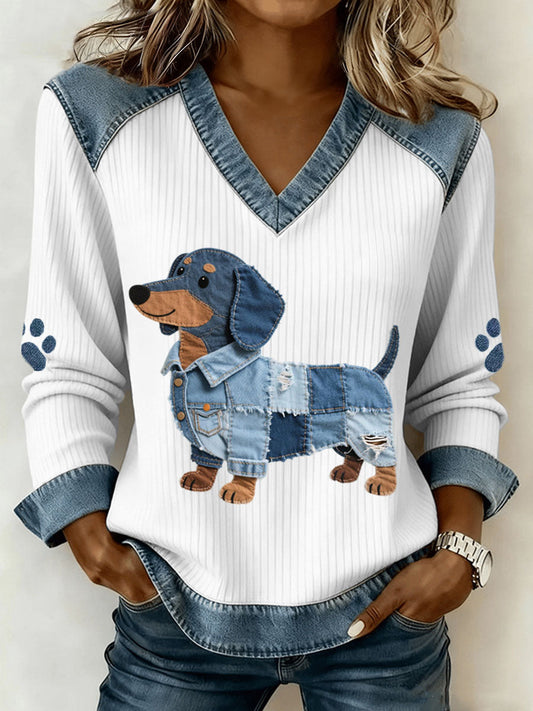 Sombra – Enchanting Women’s Artistic Denim Patchwork Top with V-Neck