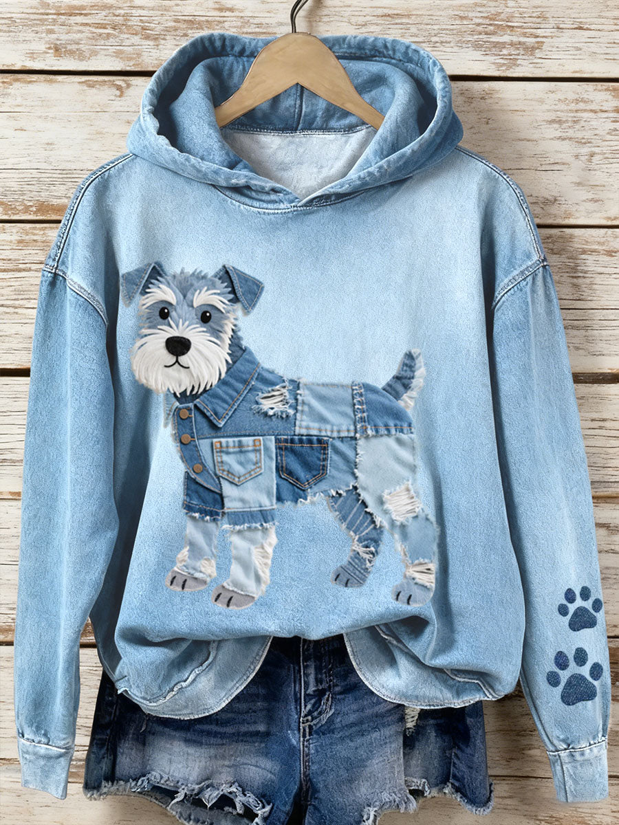 Lola – Women’s Artistic Denim Patchwork Hoodie with Schnauzer Motif