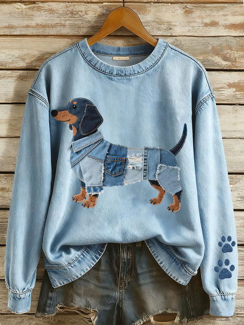 Sol – Women’s Dachshund Motif Sweatshirt with Artistic Denim Patchwork