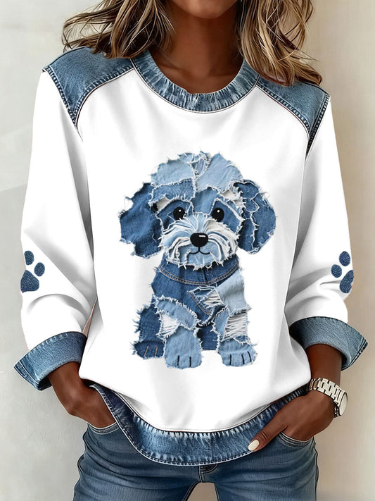 Luz – Women’s Shaggy Dog Print Hoodie with Artistic Denim Patchwork Pattern