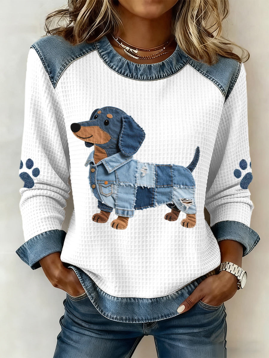 Nuria – Adorable Dachshund Motif & Artistic Denim Patchwork Top