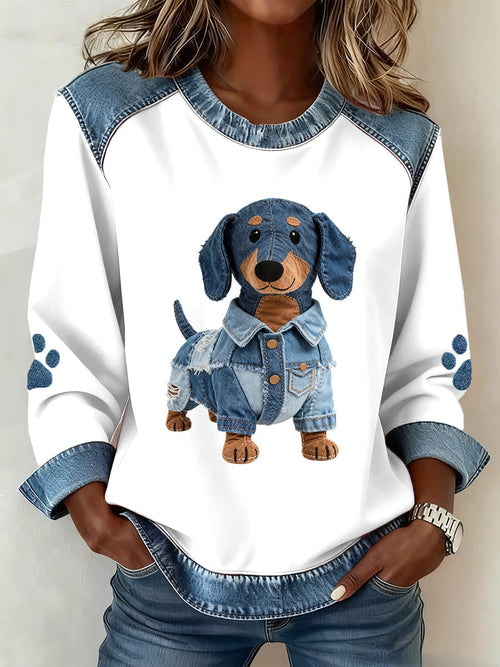 Reina – Women’s Artistic Dachshund Hoodie with Denim Patchwork Design