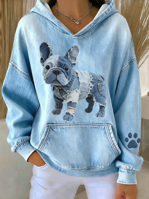 Blanca – Women’s Striped Hoodie with French Bulldog Motif & Denim Patchwork