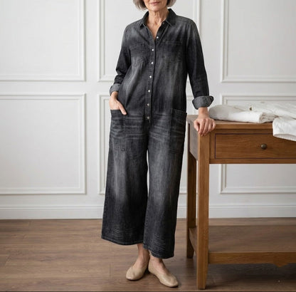 June - Vintage Washed Soft Cotton Denim Jumpsuit with Button Closure