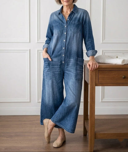 June - Vintage Washed Soft Cotton Denim Jumpsuit with Button Closure